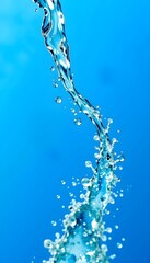 A stream of water with bubbles arcs against a vivid blue background, capturing the dynamic motion of water. 
