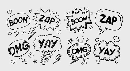 Blank comic bubbles and elements. Comic effect shape with pop art style. Set with different sounds - Yay, wow, boom, OMG and Zap. Bright speech Retro cartoon design elements, vector illustration. EPS