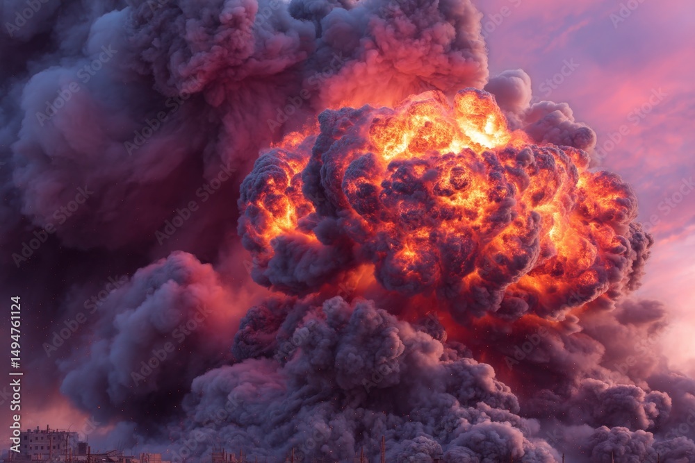 Aufkleber Massive explosion lights up the sky with vibrant colors during twilight in an urban setting