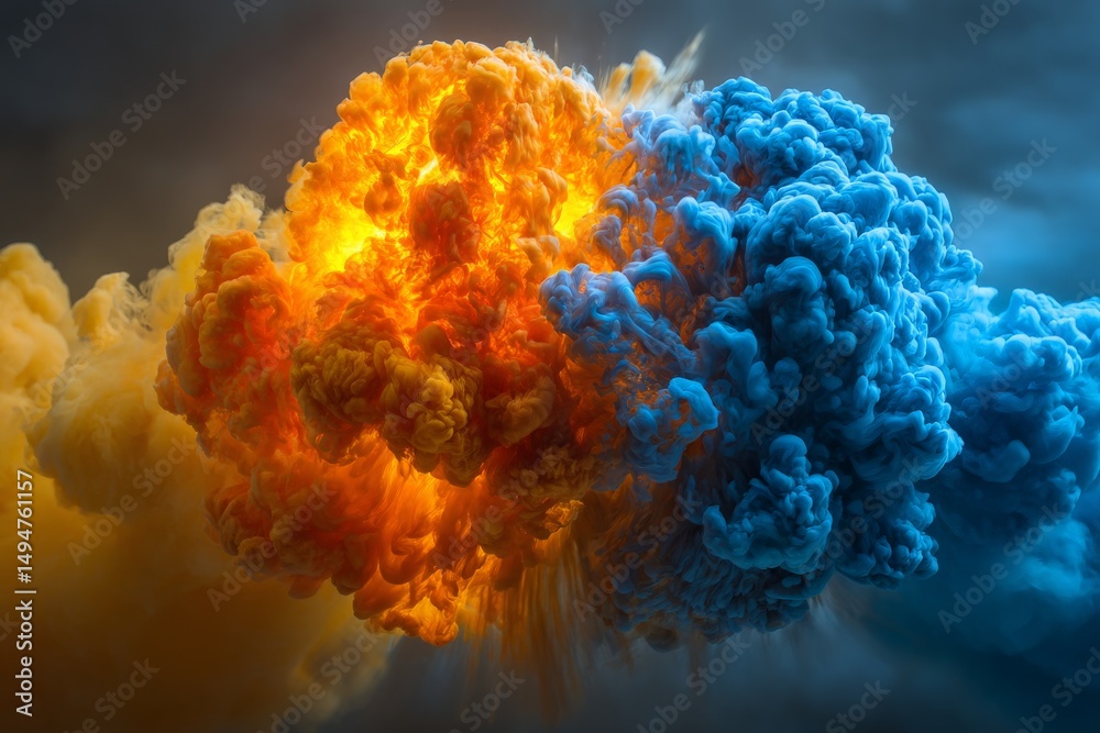 Poster vibrant clouds of orange and blue smoke collide in a stunning display of color and movement