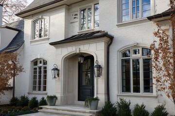 Fototapeta premium Classic home exterior featuring elegant architectural details and modern window arrangements.
