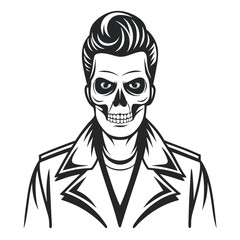 Greaser Skull: Monochrome Cartoon of Skeleton in Jacket with Pompadour Hairstyle, Isolated                                                            