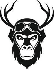 Stylized Gorilla with Antlers and Aviator Sunglasses in Black and White, Isolated on White Background                                                 