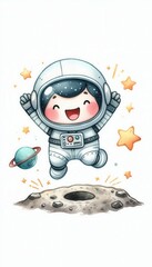 Joyful astronaut celebrating on moon surface cartoon illustration space theme whimsical style