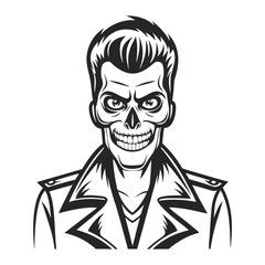 Stylized Skull in a Jacket, Monochrome Vector Illustration for Print, Halloween, or Rockabilly Design.                                                