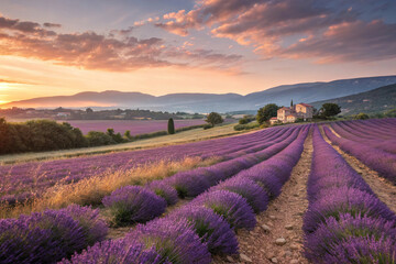 Obraz premium Stunning purple rows of lavender growing in a field during sunrise in provence, france