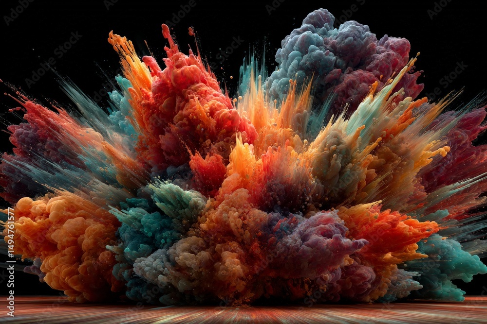 Poster Vibrant explosion of colorful smoke and dust in an abstract artistic display against a dark background
