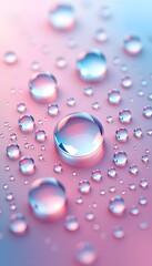 A collection of iridescent water droplets on a soft  hued, gradient background, with a prominent central drop. 