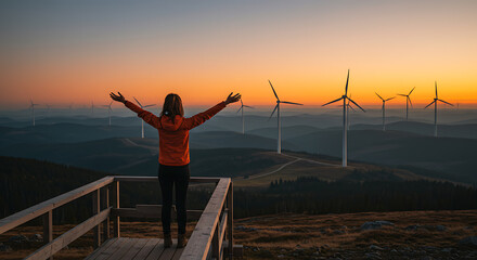 Fototapeta premium Renewable Energy Dawn: Woman Embracing Wind Farm Sunrise
