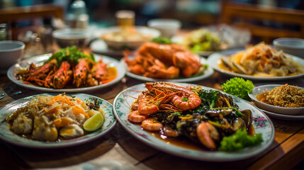 Obraz premium An assortment of asian dishes on a wooden table with plates of seafood and other culinary delights