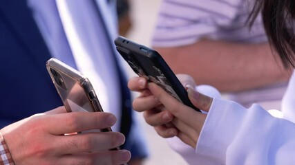 Contactless payment with smartphone. Sharing contact information through smartphones. Sending and receiving information with smartphones. Communication and Connection. Scan QR code. - Powered by Adobe