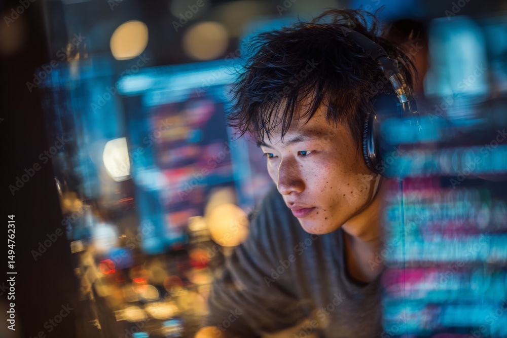 Poster young man focused on computer work in a dimly lit digital environment during the night