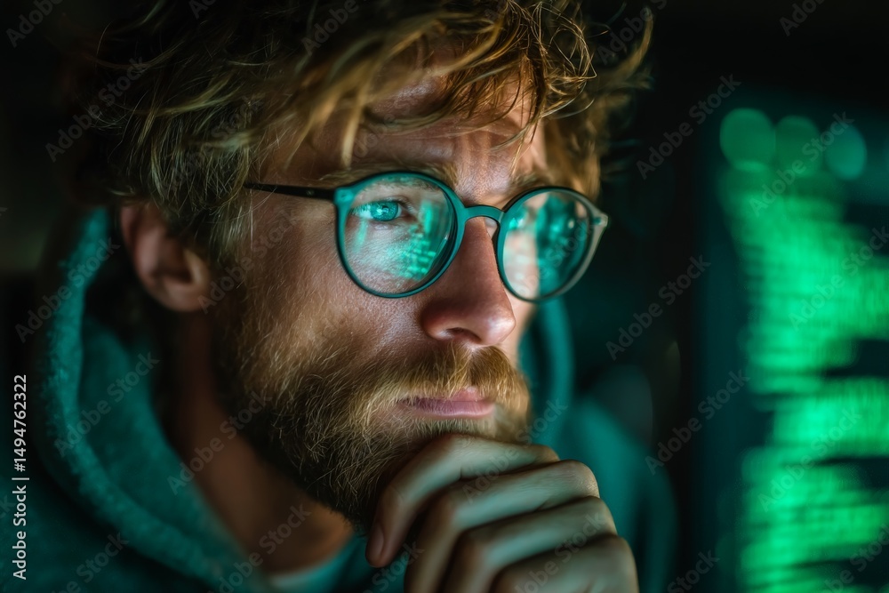 Poster young man focused on coding in a dimly lit room while wearing glasses and a hoodie