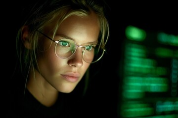 Focused young woman works on computer with glowing code at night in a dimly lit room