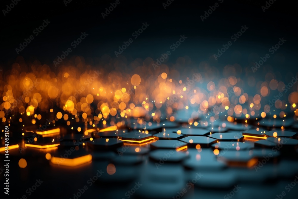 Poster Mesmerizing orange particles illuminate a dark abstract background filled with hexagonal shapes