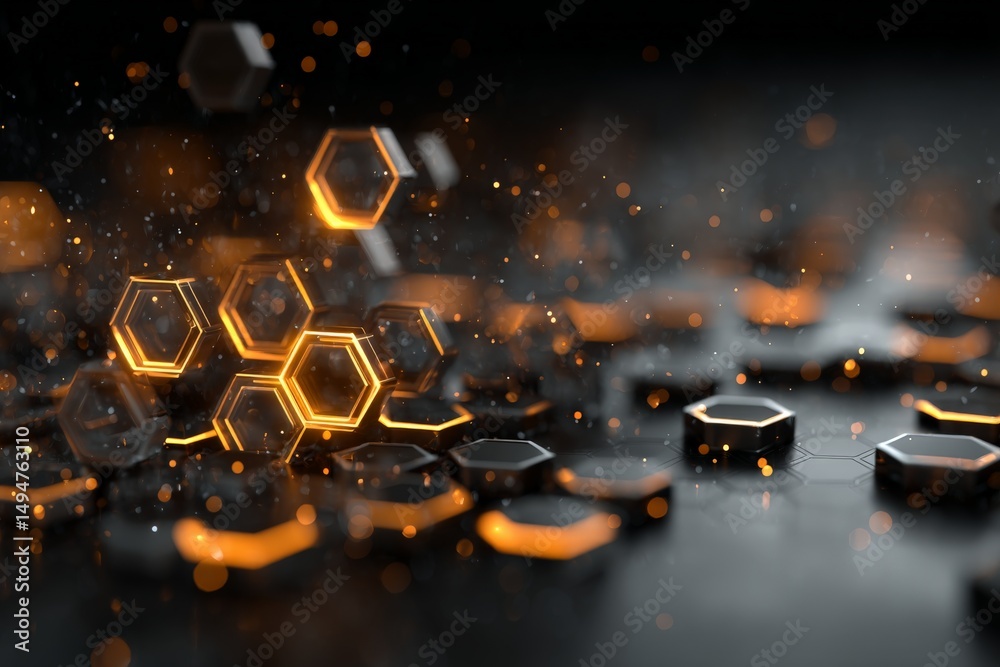 Poster Digital hexagonal structures glow with orange light on a dark surface creating a futuristic atmosphere in a virtual environment