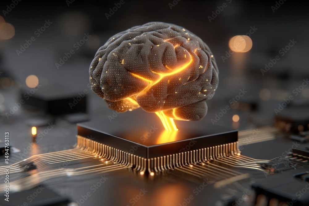 Fototapete concept of artificial intelligence represented by a glowing brain over a circuit board at night