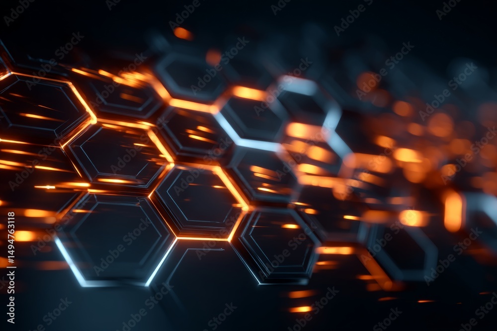 Poster Futuristic hexagonal pattern with glowing orange and blue elements in a digital landscape