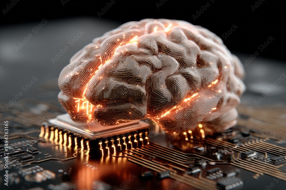 Poster digital brain on circuit board showcasing the fusion of technology and neuroscience in modern innova