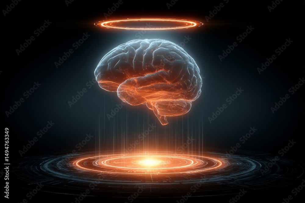 Poster Digital representation of a glowing brain floating above a futuristic circular platform in a dark environment