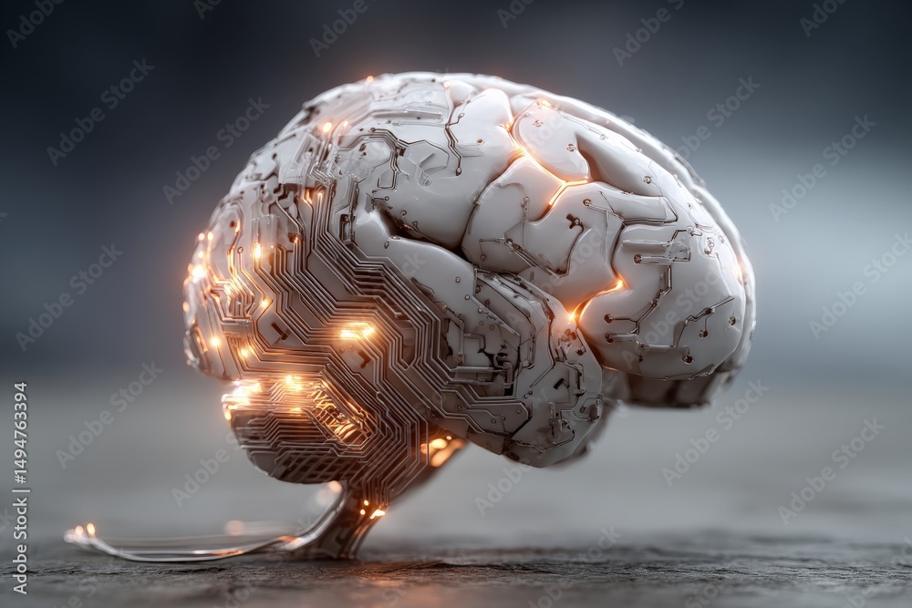 Aufkleber futuristic brain sculpture with glowing circuits on a smooth surface