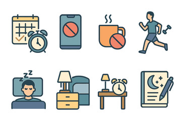 Health and wellness outline icons set – fitness, lifestyle, daily routine symbols
