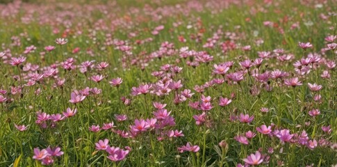 Obraz premium Delicate pink wildflowers carpet a sun-drenched meadow, serene, wildflower meadow, pink flower