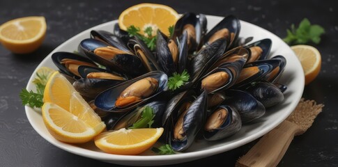 Fresh mussels served, citrus wedge garnish, black shells, culinary delight, healthy eating, food, healthy, mussels