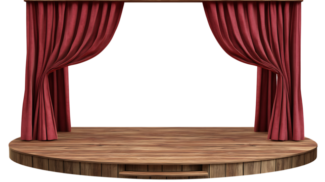 Empty wooden stage with red curtains on transparent background png cutout