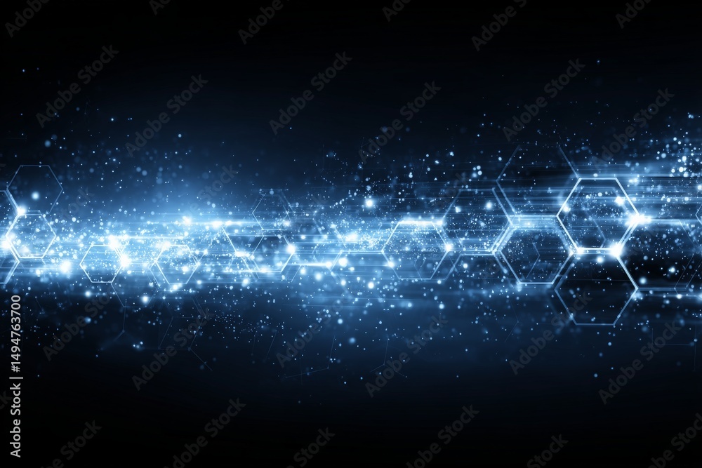Poster digital abstract graphic showcasing glowing blue hexagons and sparkling lights on a dark background