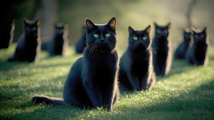 cat funeral, A group of sleek black cats with piercing green eyes sit attentively on a sun-dappled green lawn