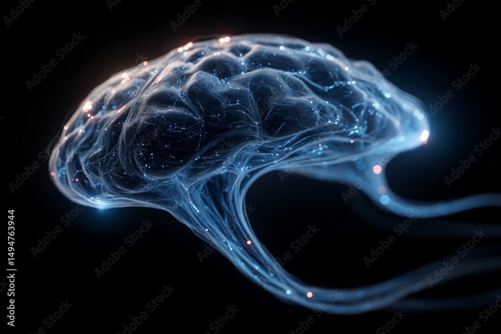 Aufkleber Digital representation of a brain illuminated by lights, showcasing neural connections in an abstract dark setting