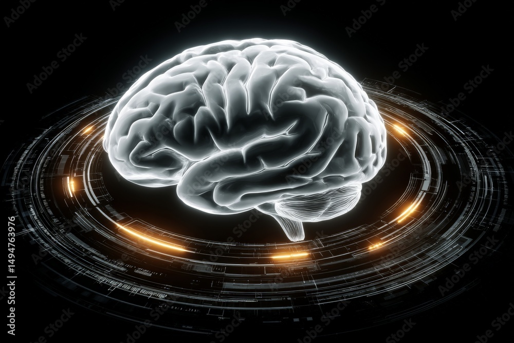 Poster intricate design of a glowing brain with digital elements and circular patterns in a dark background