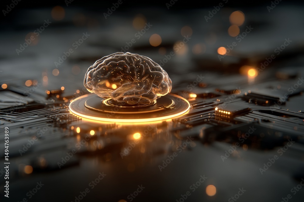 Poster innovative digital brain concept on a circuit board showcasing the fusion of technology and neurosci