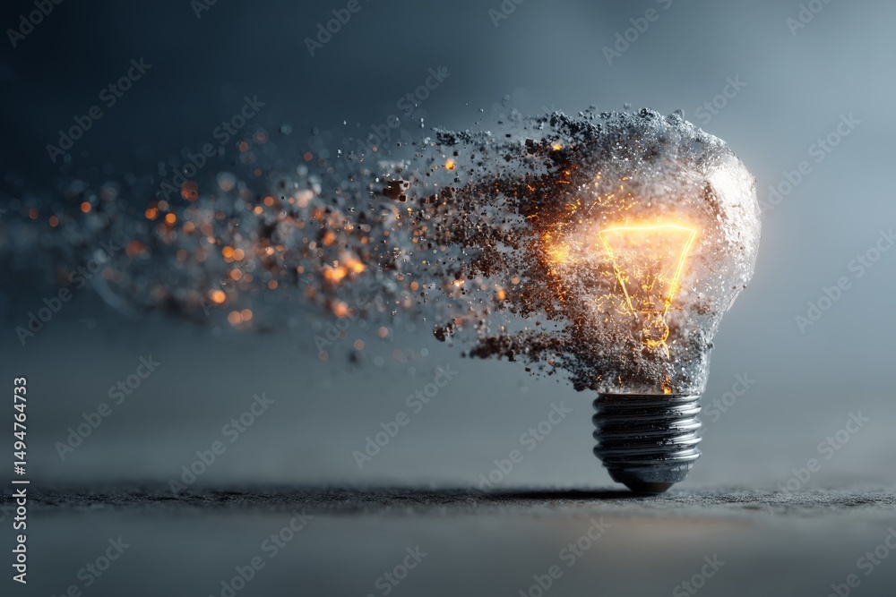 Poster Light bulb shattering into particles with glowing core during creative energy concept representation
