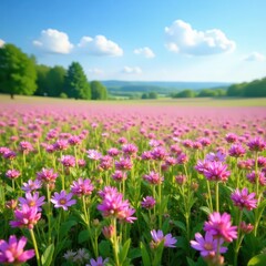 Vast expanse of pink and purple wildflowers blankets a tranquil meadow, clear blue sky above , blossom, sunshine, plant