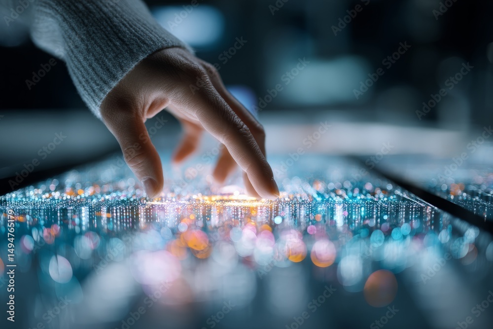 Poster Hand interacting with glowing digital interface in a technology showcase environment at night