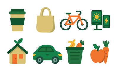 Eco life flat icons set – sustainability, green living, environmental symbols