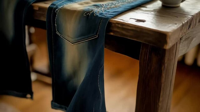 Embroidered blue jeans with a faded wash rest on a rustic wooden table beside a gold-accented mug