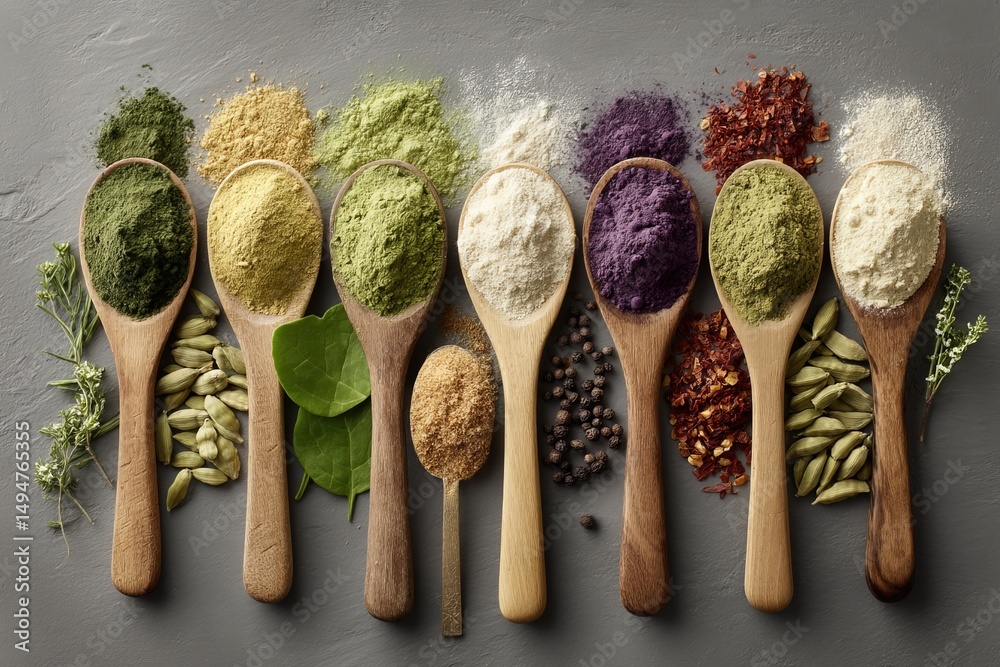 Poster colorful array of spices and powders arranged on wooden spoons, showcasing variety of flavors and cu