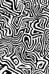 Fototapeta premium Abstract black and white maze pattern with intricate interconnected winding lines and complex geometric shapes creating a visually stimulating optical illusion design