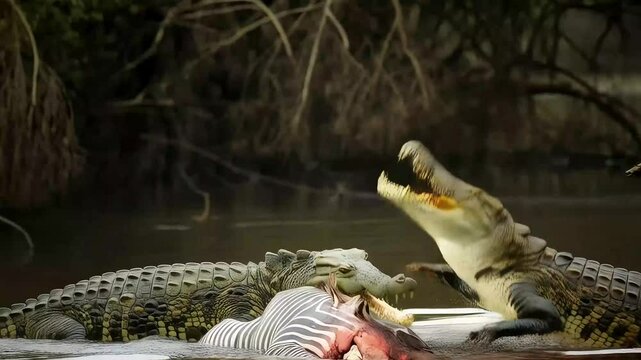 Crocodiles devour a zebra in a river, one lunging aggressively, while an egret observes from a nearby branch