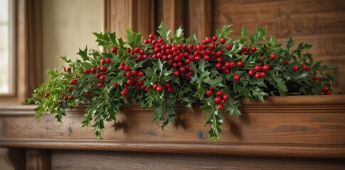 A vibrant holly sprig with glistening red berries rests on a rustic wooden mantelpiece, snugly nestled in a cozy wood cover , close-up, interior