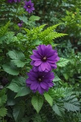 A vibrant purple flower blossoms atop lush green leaves , spring, closeup, wildlife