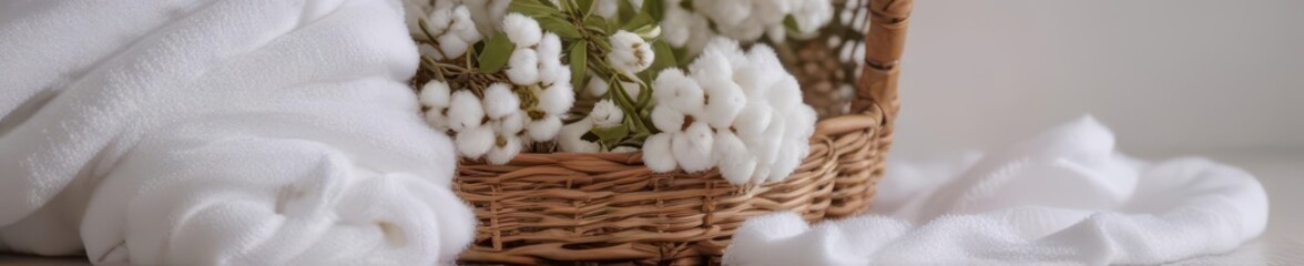 A woven basket overflows with fluffy white towels, adorned with a delicate cotton branch , interior, purity