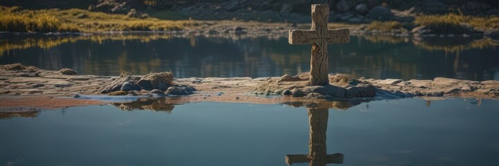 Ancient stone cross reflection, rippling water surface, christian, texture, ripple