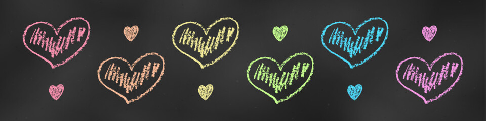Children's Chalk Drawn Sketch. Set of Design Elements Colored Hearts Isolated on Chalkboard Backdrop.