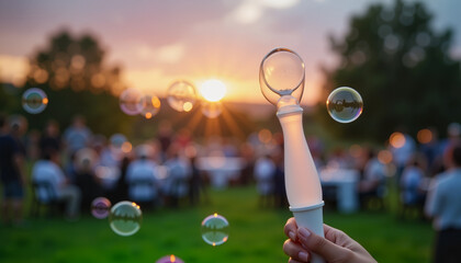 [Bubble wand] [in playful mood] [creating bubbles at sunset] [against a festive outdoor background]