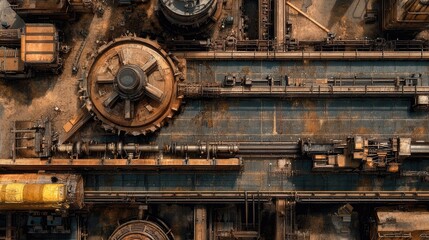 Fototapeta premium Overhead piping and cable trays forming a grid pattern across a factory ceiling