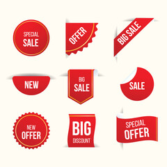 Set of labels in various shapes for promotional purposes. Set of sale badges, quality tags, and labels. Template banners for shopping promotions, including special offers, sales, discounts.
